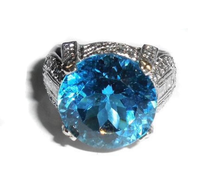 Big Heavy Platinum 11.45 Ct Diamond Blue Topaz Mens Womens Ring Size 6.75