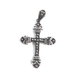 Vintage 925 Sterling Silver Faceted Marcasites Cross Pendant Fleur De Lis Arms Christian Catholic Religious