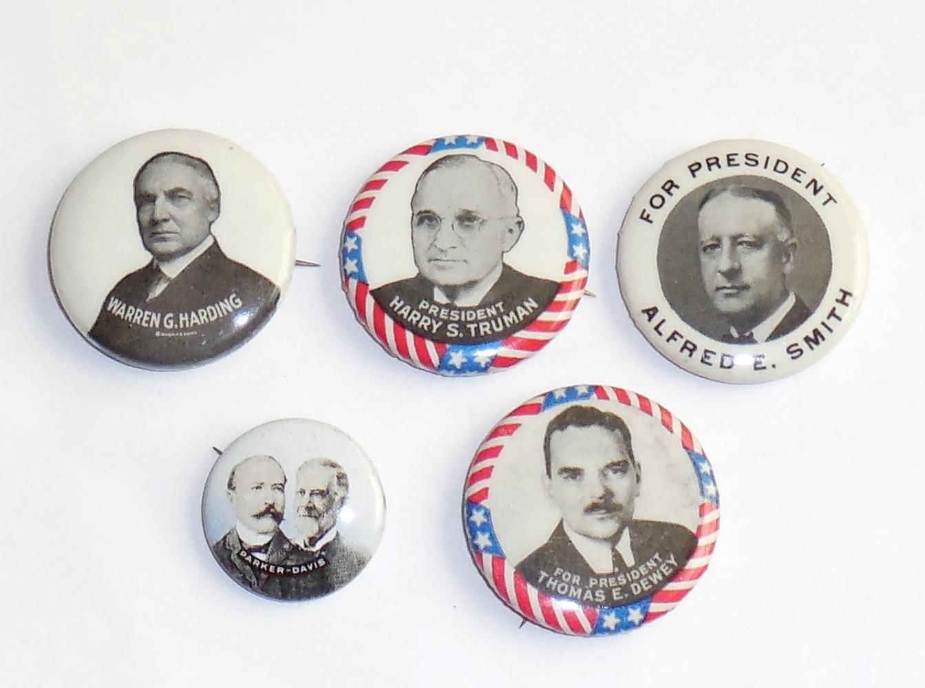 5 Political Pinback Buttons Harding Smith Truman Dewey