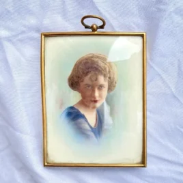 Antique Art Deco Flapper Era Hand Painted Miniature Watercolor Lady Painting Bronze and Hanging Pendant and Stand Up Pendant Frame 1930s