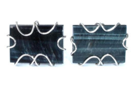 Toggle Cufflinks Brutalist 1970s Dark Blue Jasper Slabs Blue Banding Hand Wrapped Silver Plated Large