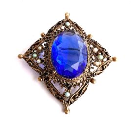 Early 1950s Pre Mark Florenza Victorian Revival Blue Faceted Glass Pin Antique Finish