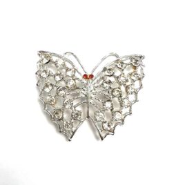 Vintage Rhinestone Butterfly Pin Silver Plated Red Eyes Like New Lapel Cardigan Scarf Dress