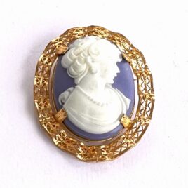 Vintage Fancy Filigree Faux Jasperware Blue White Cameo Pin Excellent Condition