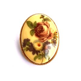 Vintage 1970s Victorian Revival Gold Plated Enameled Blooming Rose Sepia Porcelain Bezel Set Brooch