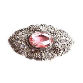 Large Antique 1910s 1920s Fancy Pink Mauve Unusual Color Paste Stone Floral Filigree Pin