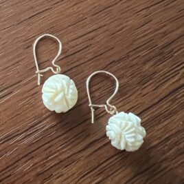 Vintage 9m Carved Bone Rosettes Beaded Earrings Gold Filled Plate Unused