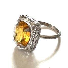 Antique 1920s Platinum Sterling Silver Citrine Paste Edwardian Art Deco Filigree Ring Size 7.5