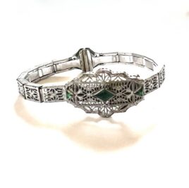 Antique Art Deco Retro Fancy Filigree Gold Plate Green Paste Sentinel Expansion Bracelet XS Needs Lock