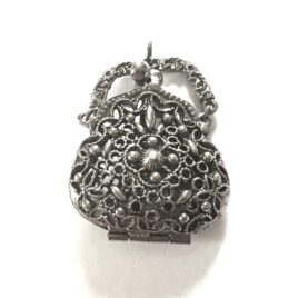 1960s 1970s Arthur Pepper ART Co. Antique French Finish Silver Plated Filagree Miniature Purse Coin Locket Solid Perfume