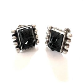 1940s 1950s Mexican Sterling Silver Carved Black Onyx Face Screw Back Earrings No Damage Stones
