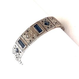 Antique 1920s Art Deco Sterling Silver Fancy Filigree Sapphire Paste Bracelet 7"