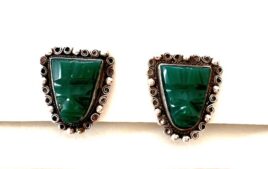 1940s 1950s Mexican Sterling Silver Carved Face Green Onyx Screw Back Earrings