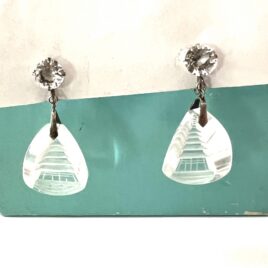 Late Art Deco 1940s Hand Etched Glass Japanese Pagoda Sterling Silver Screw Back Dangle Earrings