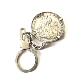 1934 Art Deco Sterling Silver Keychain Holder with Large Lima Peru 500 Silver 5 Decimos Coin Fob